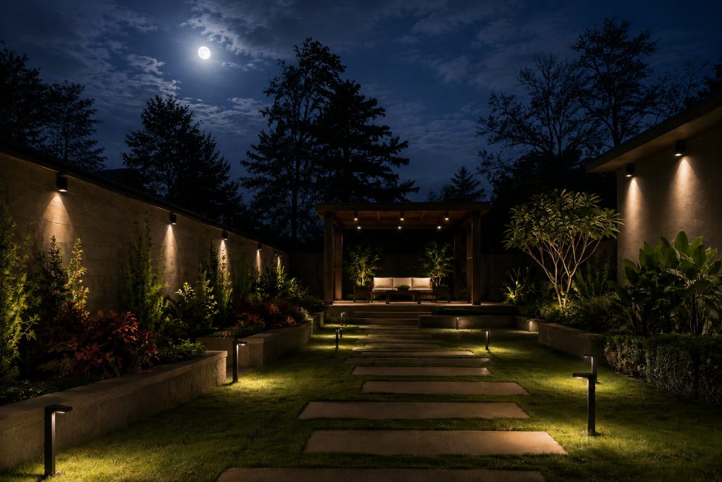 A garden at night with dark sky lighting