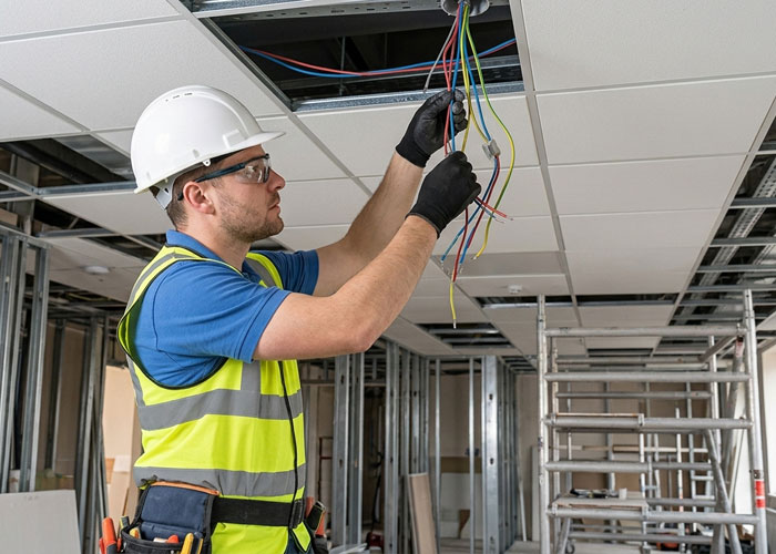 Electrician working on ceiling wiring