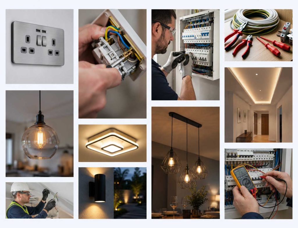 A gallery of images relating to electrical services, modern light units, and electricians working