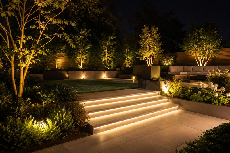 Garden step lights at night